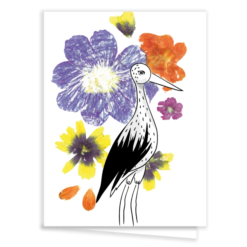 Carte de vœux originale fleurie cigogne