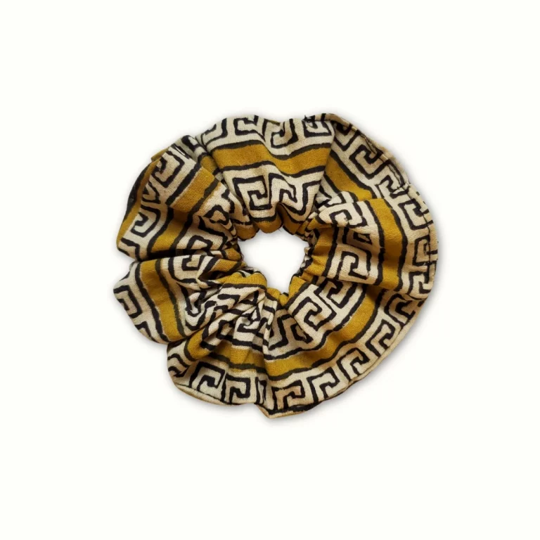 Chouchou tissu jaune motifs géo – block print
