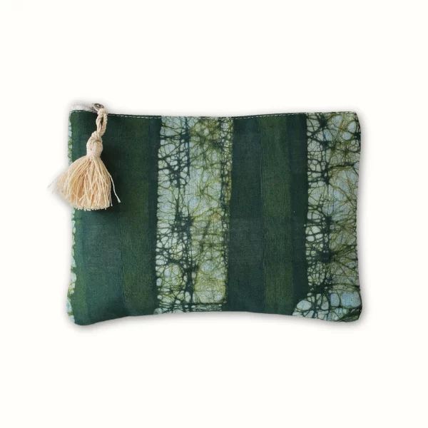 Pochette en tissu zippée et teinture naturelle vert rayure