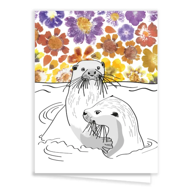 Carte de vœux originale fleurie loutre