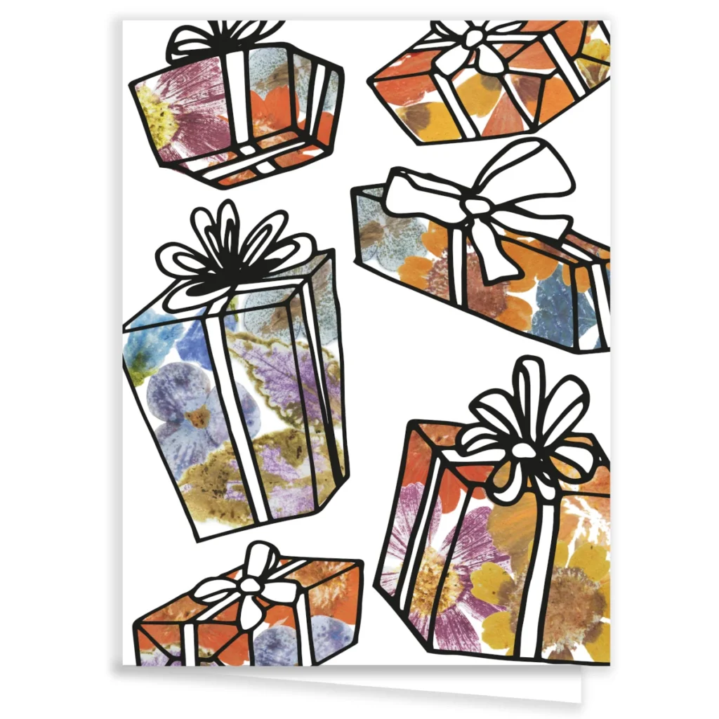 Carte de Noël fleurie cadeaux
