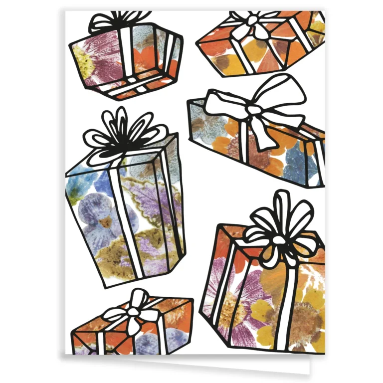 Carte de Noël fleurie cadeaux
