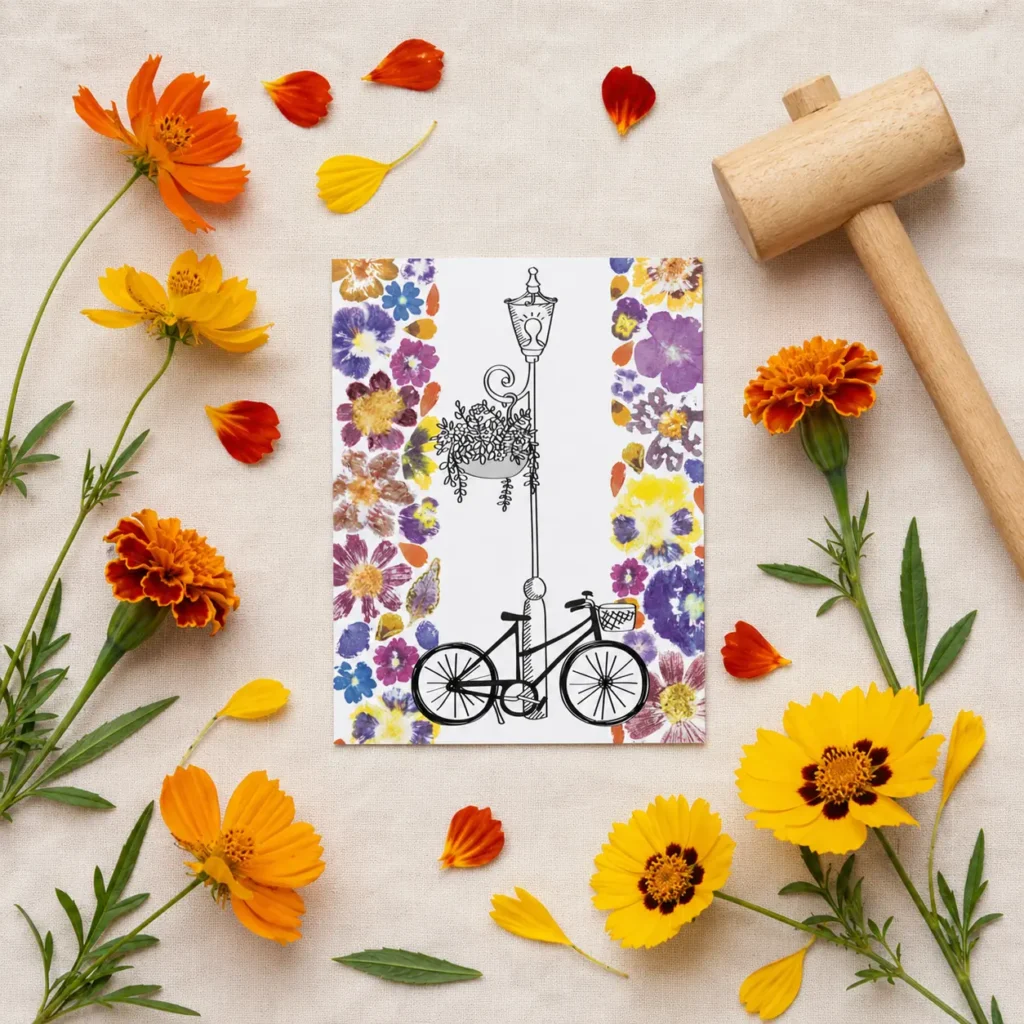 Carte de vœux en tatakizome, imprimée avec de vraies fleurs