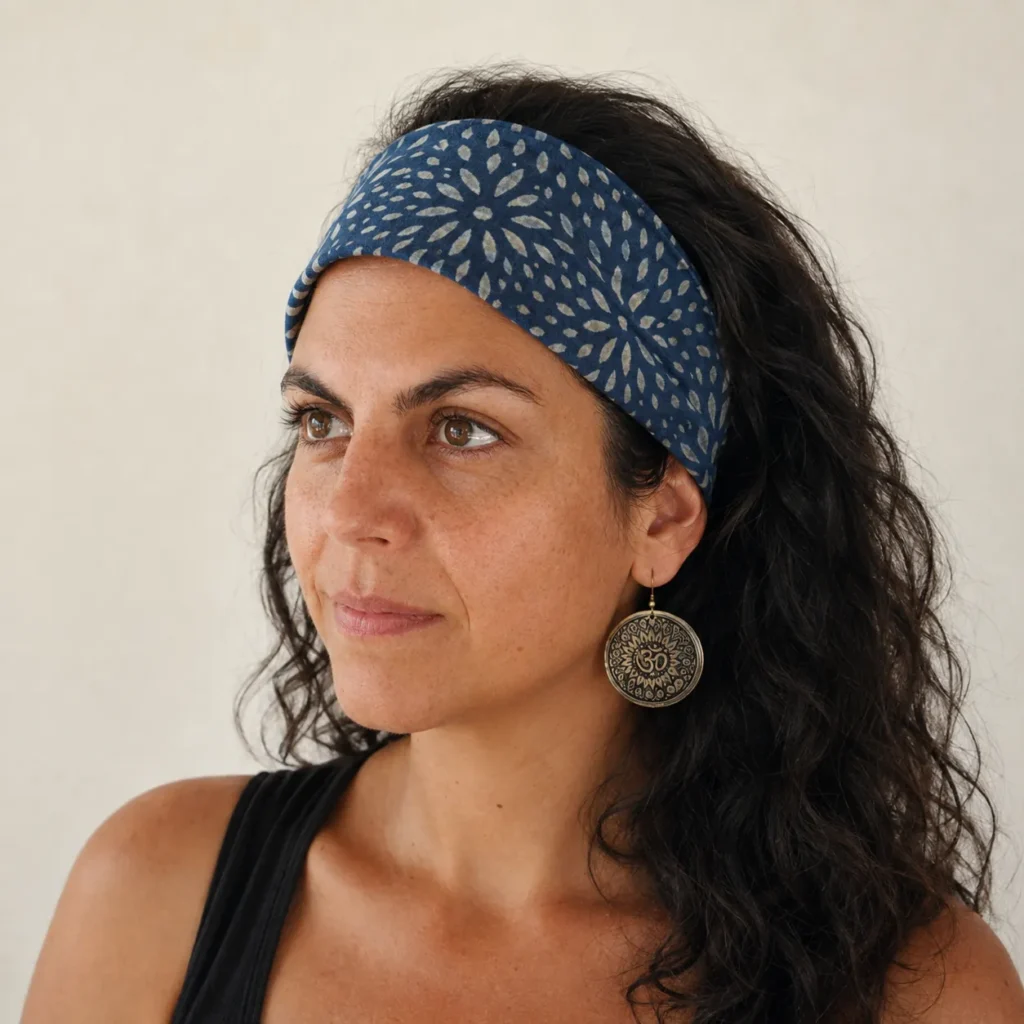 Bandeau cheveux en tissu bleu indigo motif fleurs