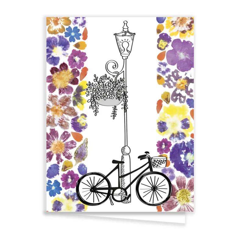 Carte de vœux originale vélo fleuri, impression végétale tatakizome