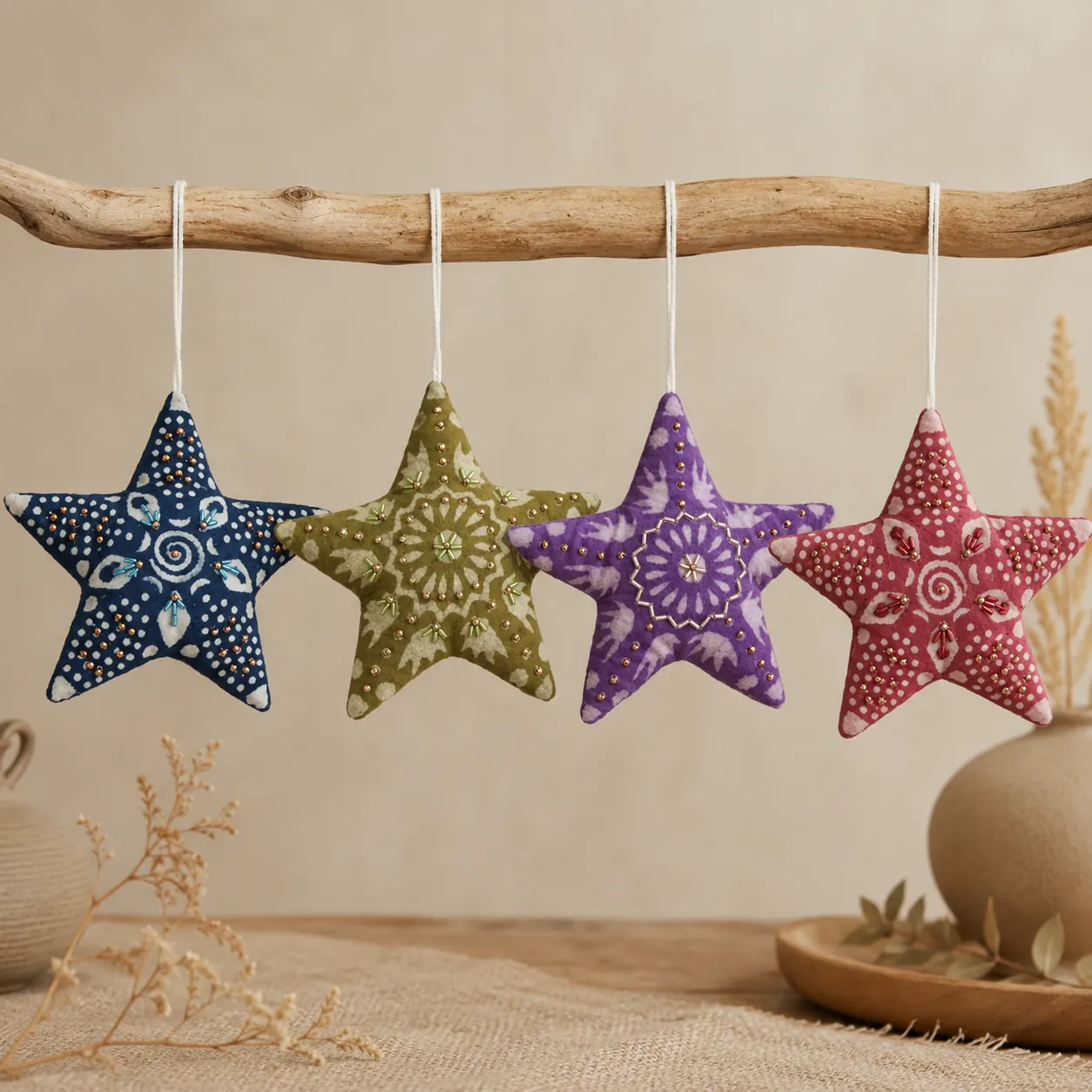 Lot de 4 Étoiles à suspendre en tissu - 15x15 cm