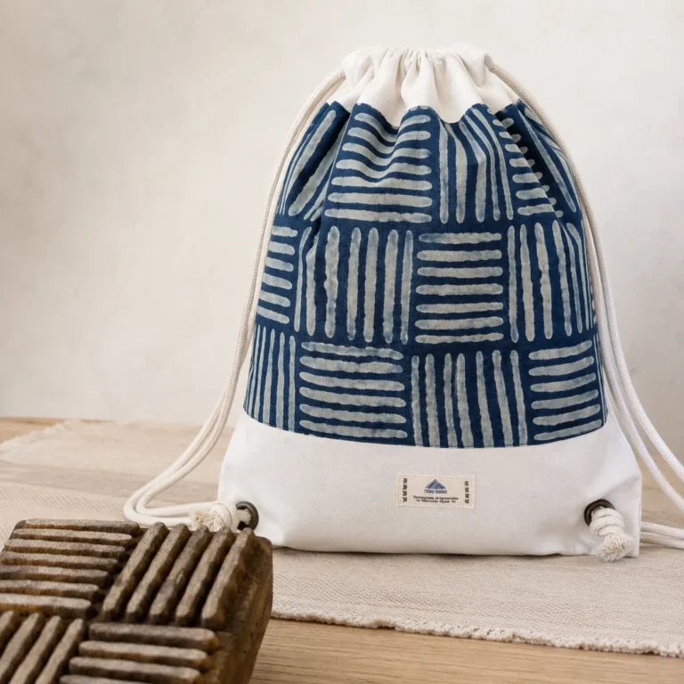 Sac à dos en toile léger bleu indigo motif traits