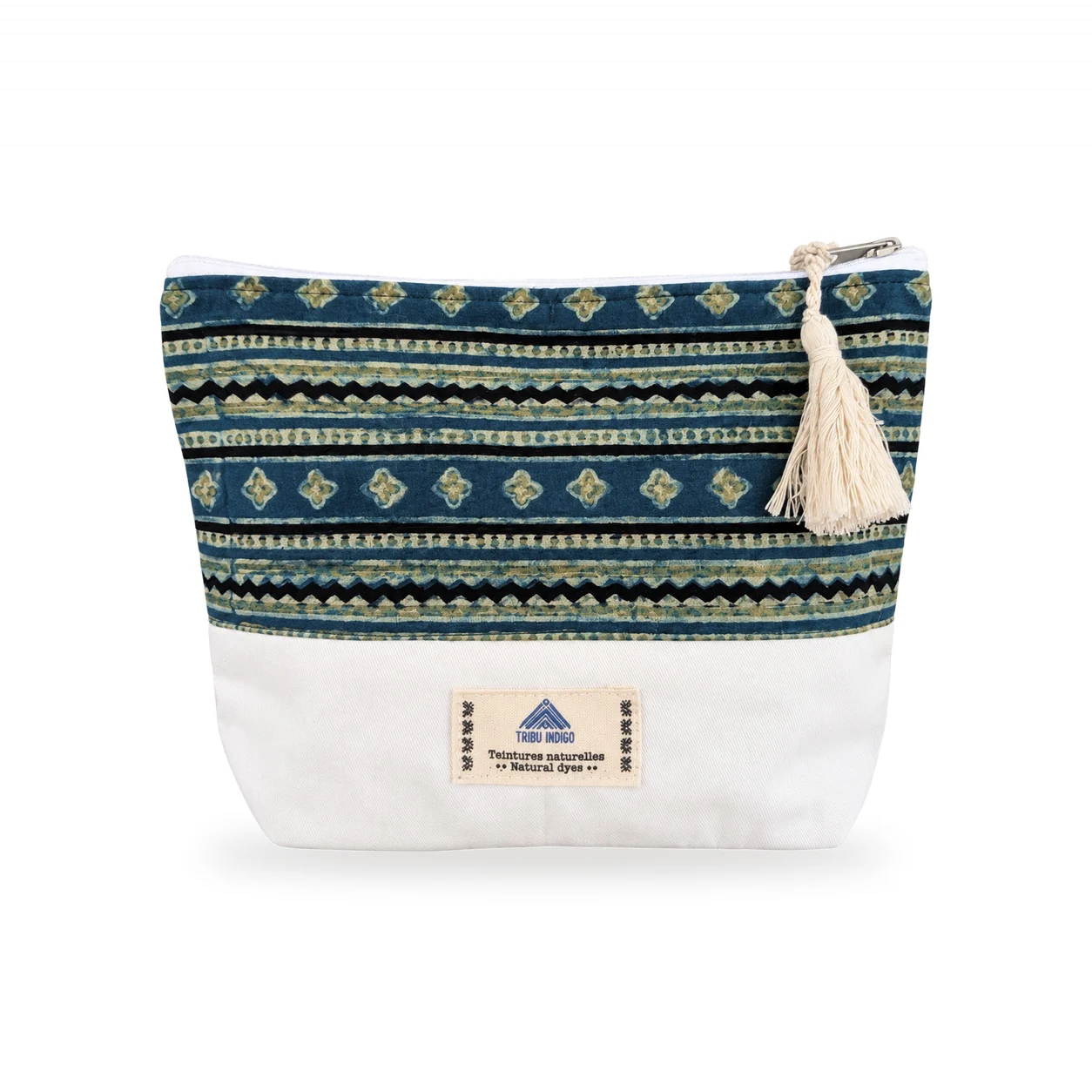 Pochette en tissu bleu et vert motif frises grande