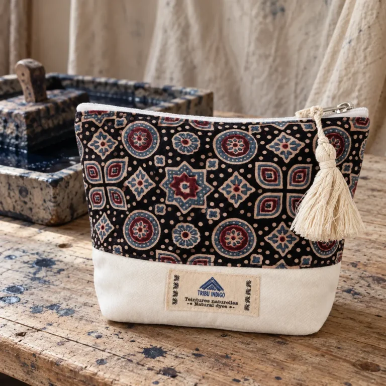 Pochette en tissu noir et rouge motif médaillons