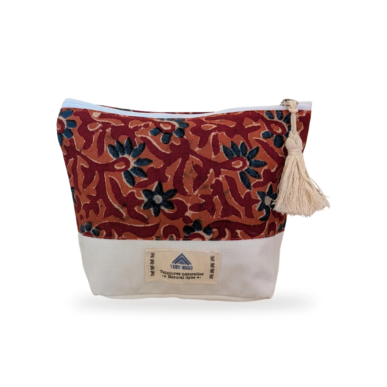 Pochette en tissu rouge et bleu motif fleurs grande