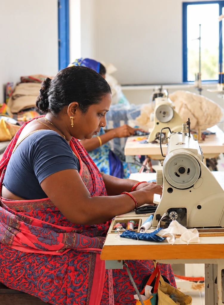 Couturières au travail à l'atelier Shanti, partenaire de Tribu Indigo à Pondichéry, en Inde