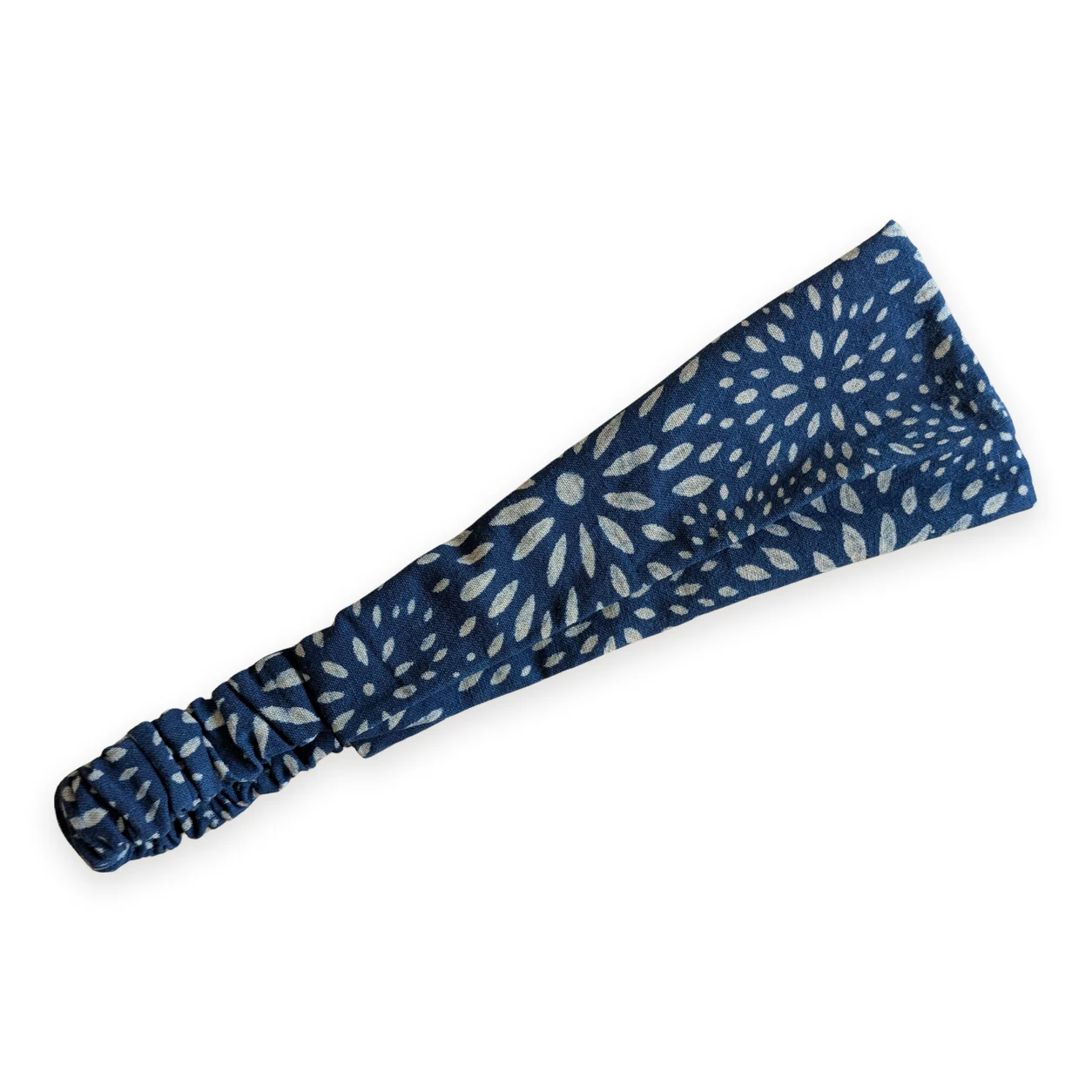 Bandeau cheveux en tissu bleu indigo motif fleurs