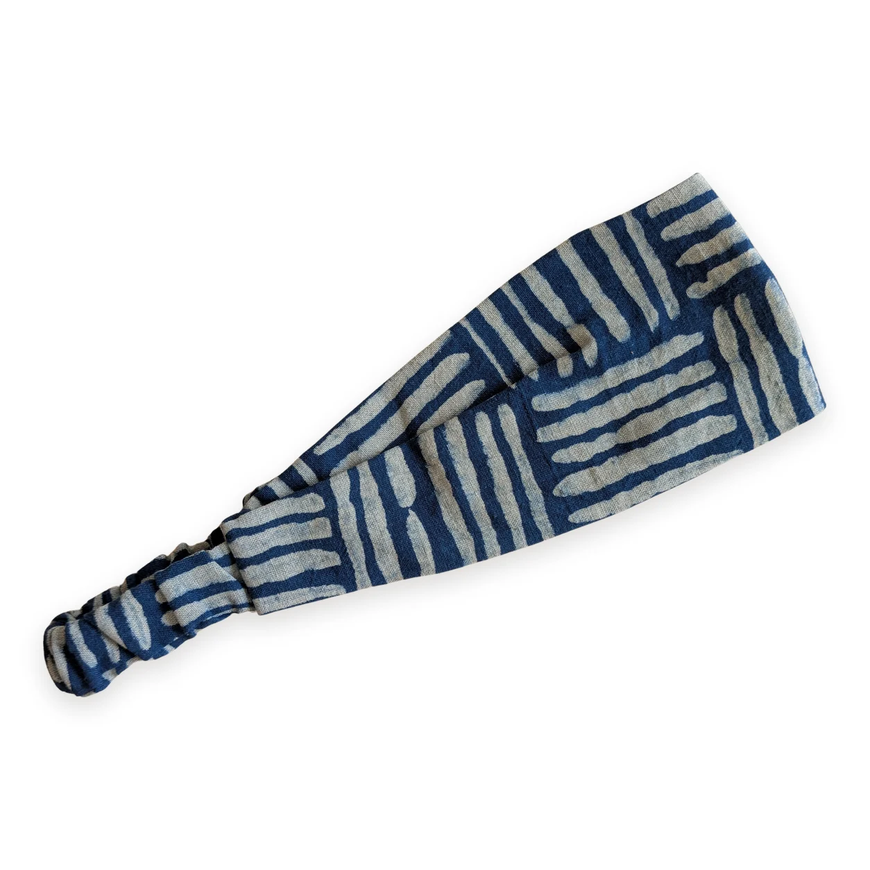 Bandeau cheveux en tissu bleu indigo motif traits