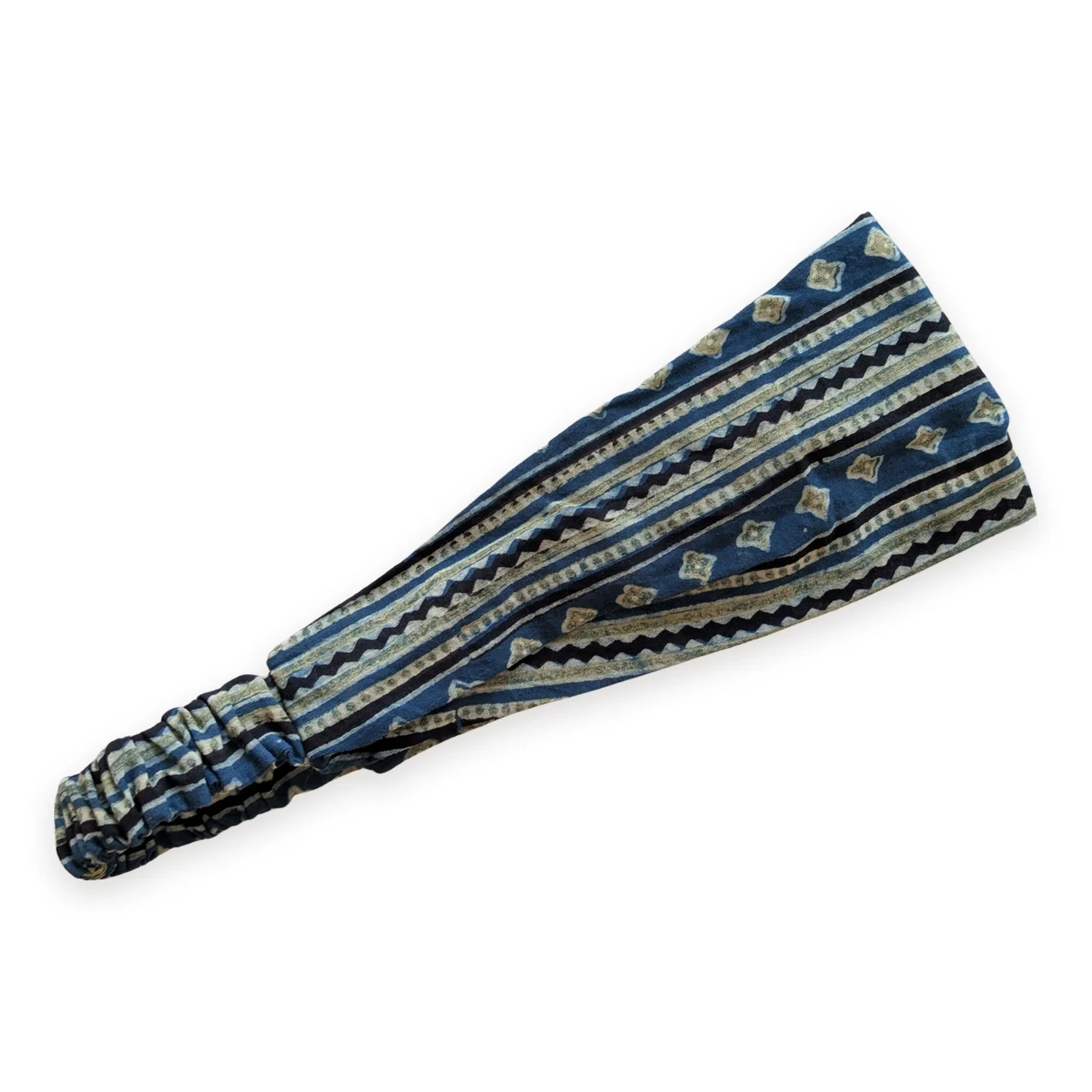 Bandeau cheveux en tissu bleu et vert motif frises