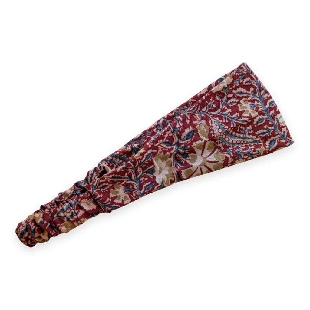 Bandeau cheveux en tissu marron et bleu motif arabesques