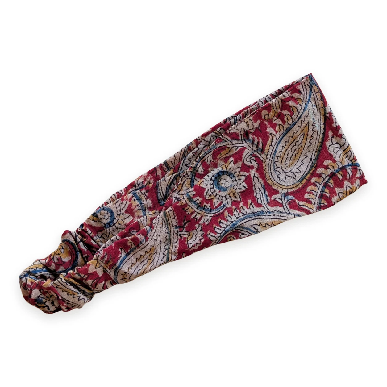 Bandeau cheveux en tissu rouge et ocre motif cachemire
