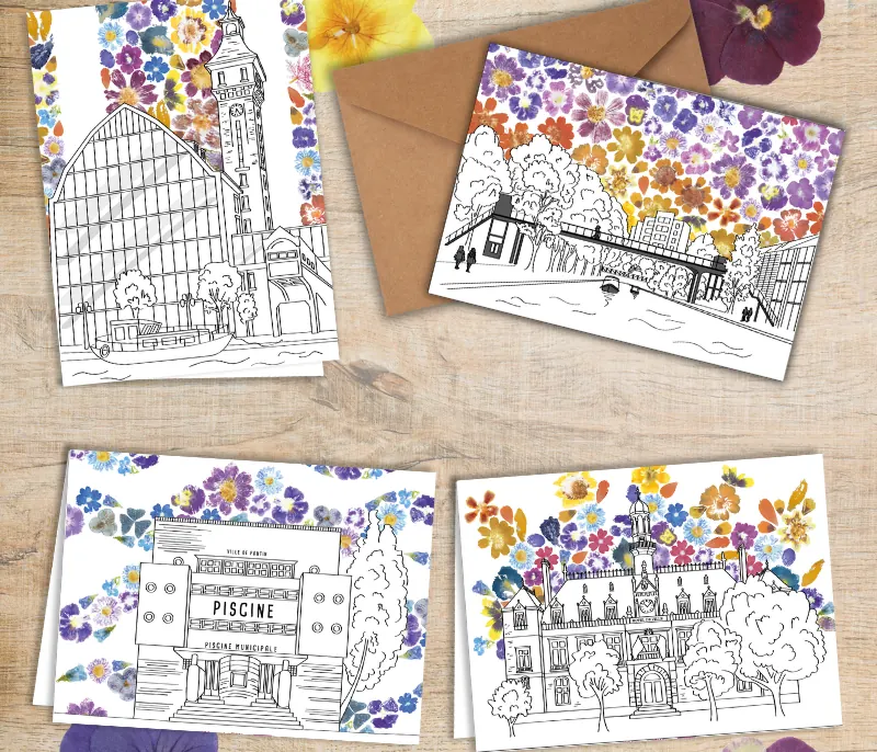 Quatre cartes personnalisées dessinées pour La Malle Aux Histoires à Pantin : la piscine, la mairie, la passerelle et les Grands Moulins