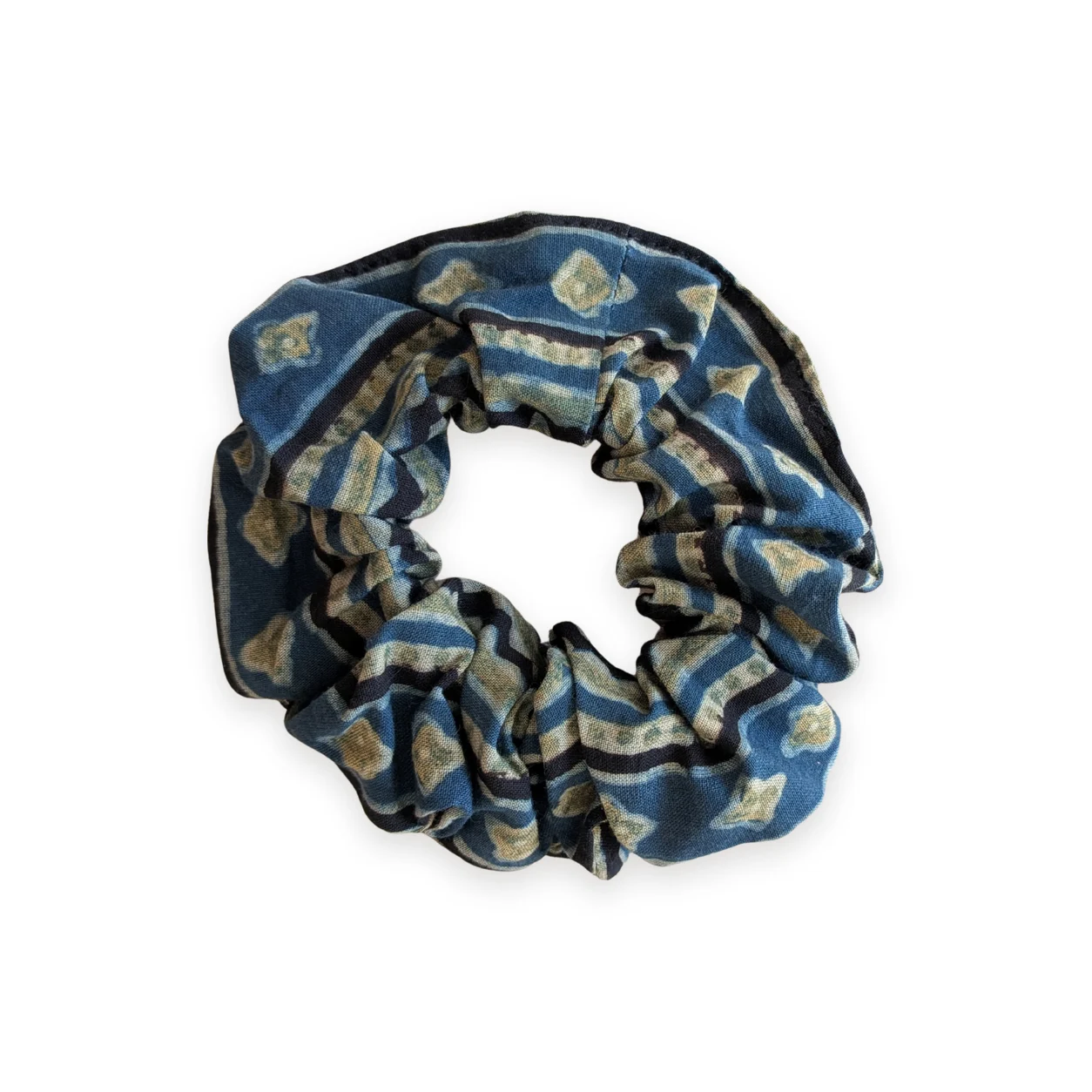Chouchou en tissu bleu et vert motif frises