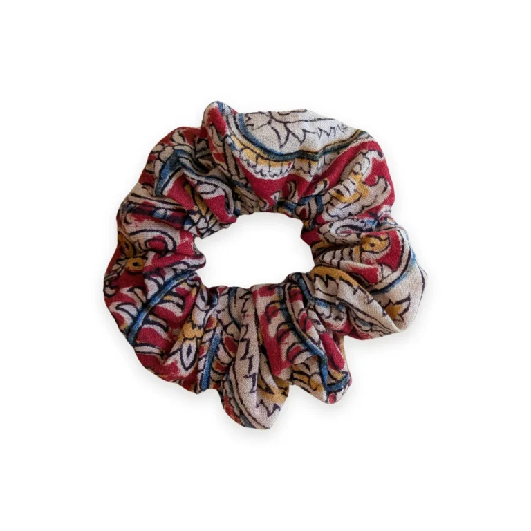 Chouchou en tissu rouge et ocre motif cachemire