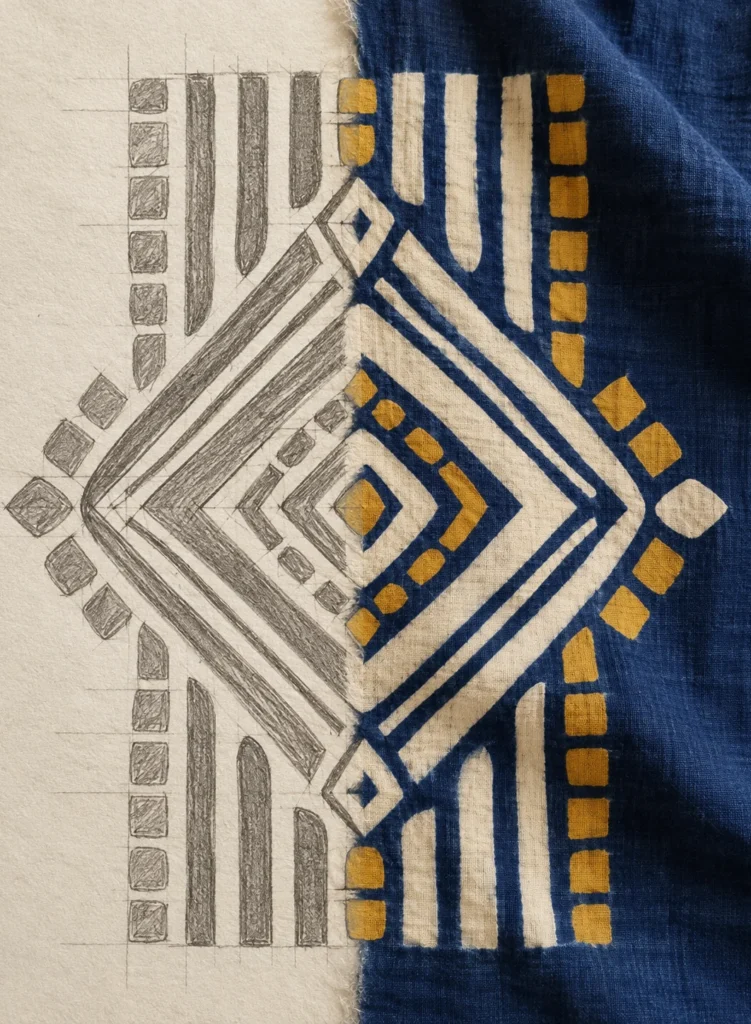 Motif dessiné au crayon qui devient un tissu teint à l'indigo, création textile Tribu Indigo
