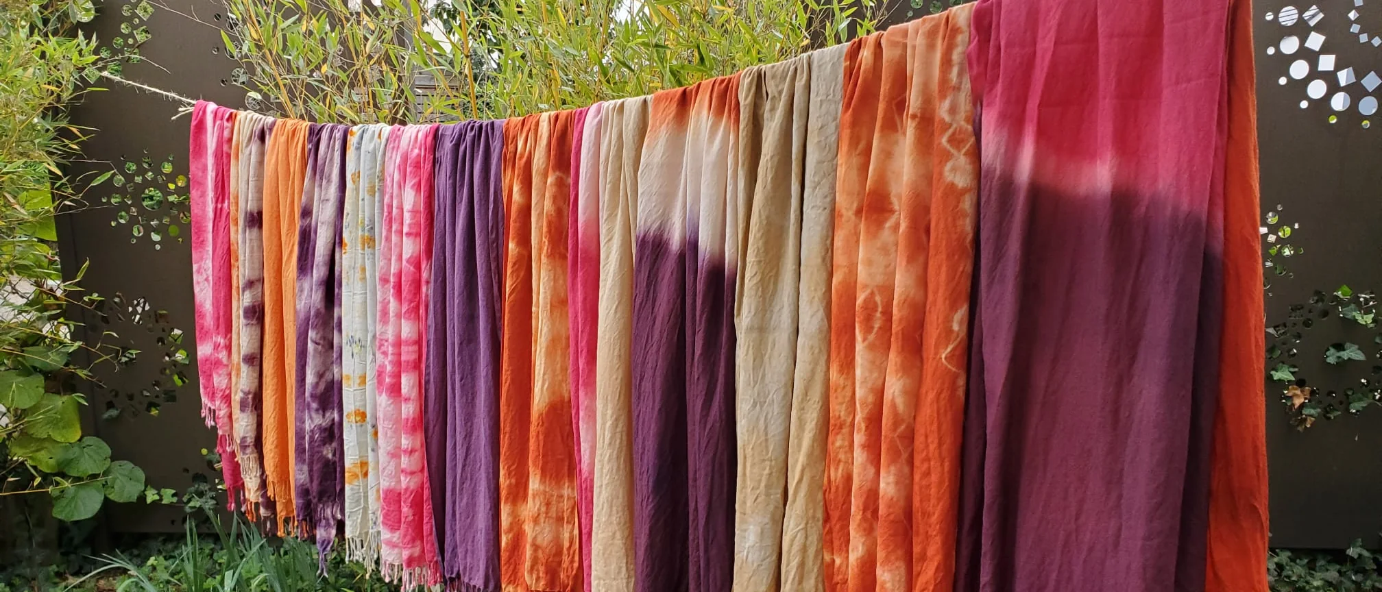 Écharpes teintes avec des plantes, roses, violettes et orangées, qui sèchent sur un fil au jardin