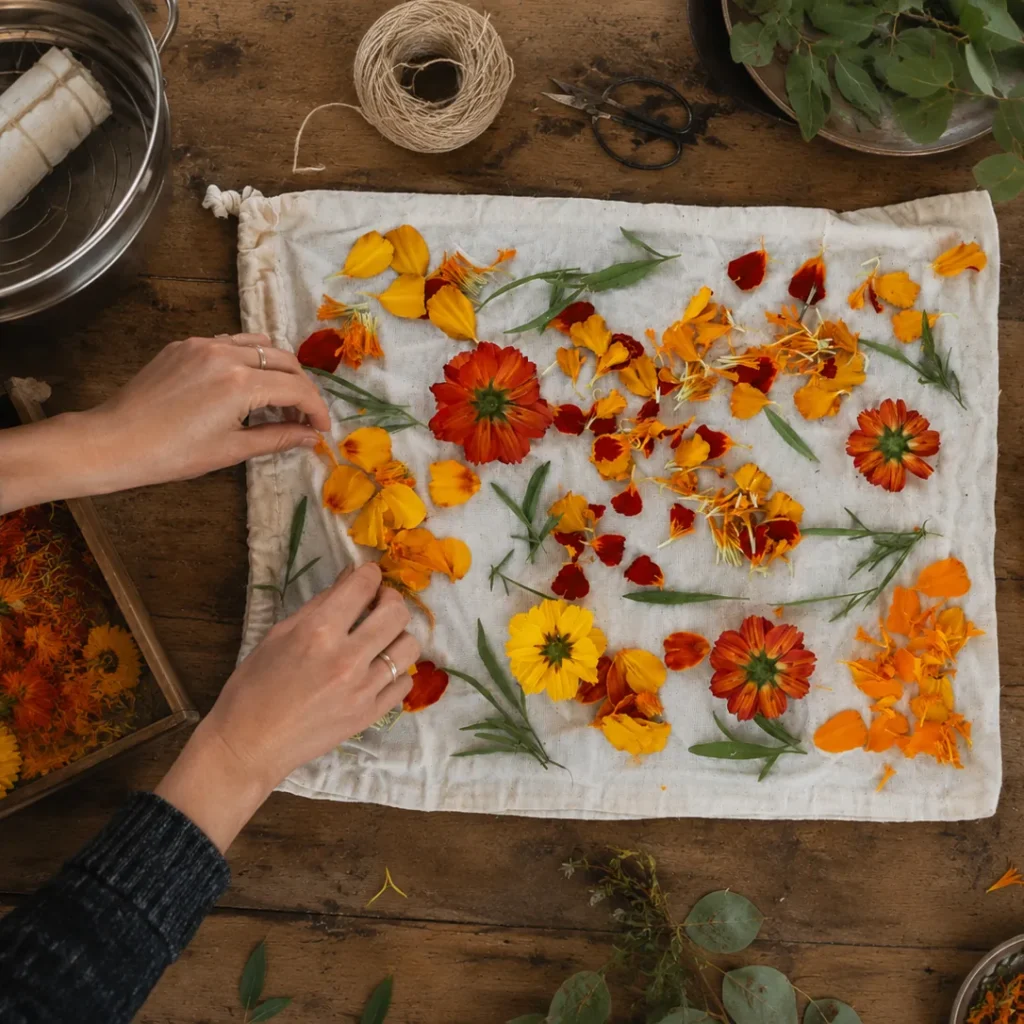 Mains disposant des pétales de fleurs sur un tissu avant un écoprint, à l'atelier Tribu Indigo