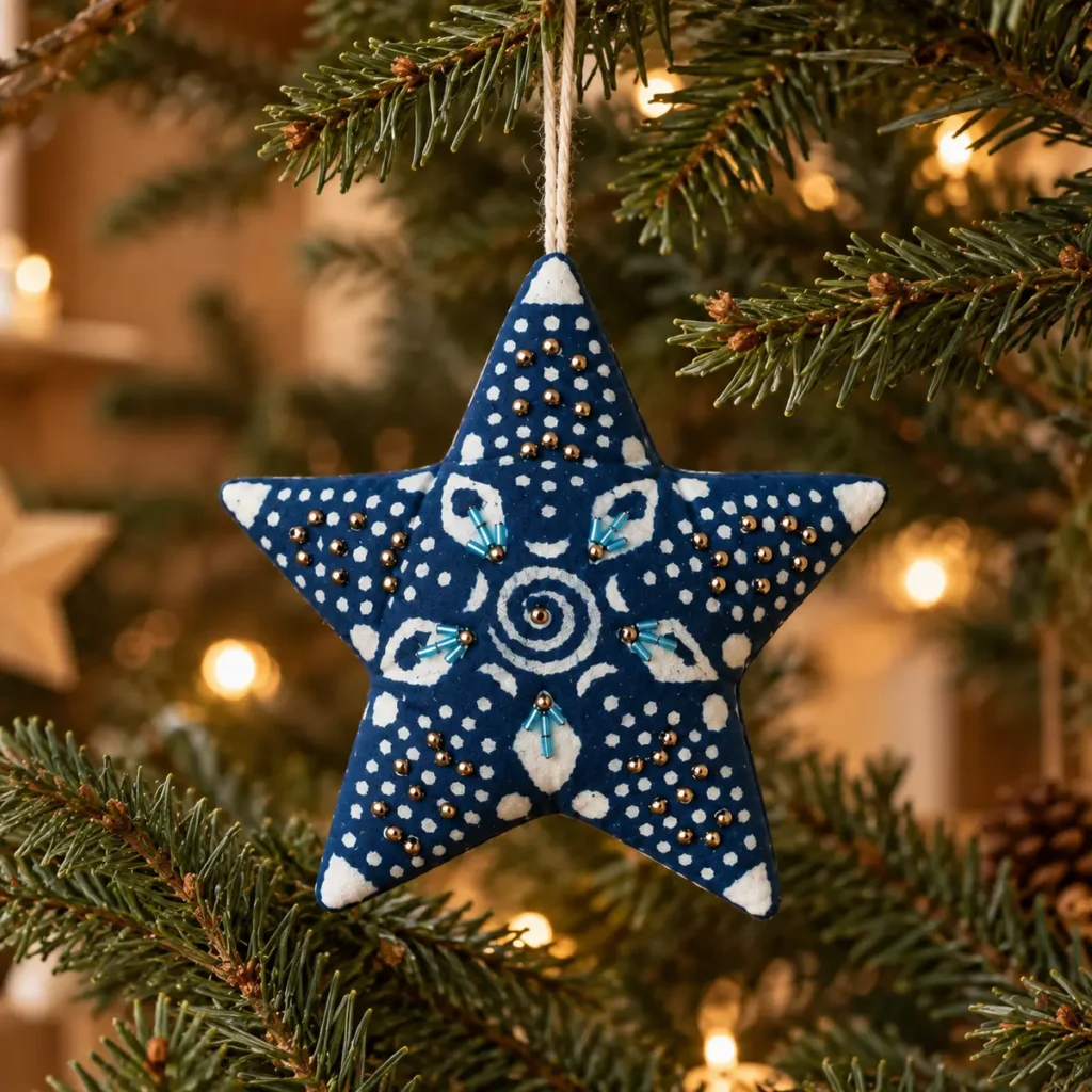 Étoile de Noël en tissu bleu indigo brodée de perles, suspendue au sapin