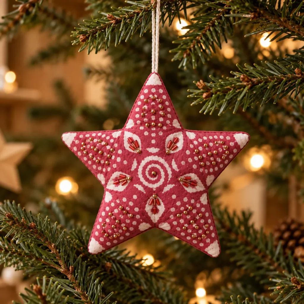 Étoile de Noël en tissu rouge garance brodée de perles, suspendue au sapin