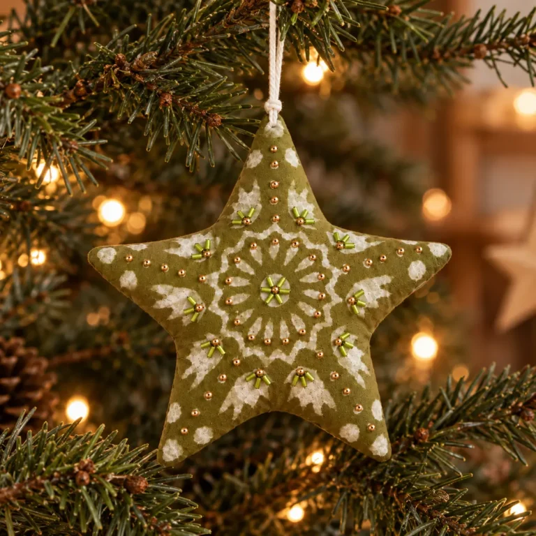 Étoile de Noël en tissu vert brodée de perles, suspendue au sapin