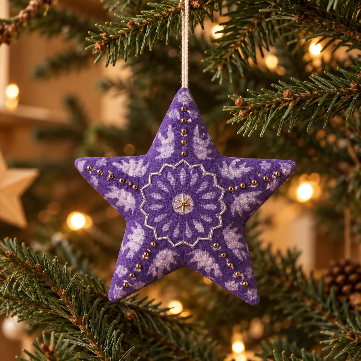 Étoile de Noël en tissu violet brodée de perles, suspendue au sapin