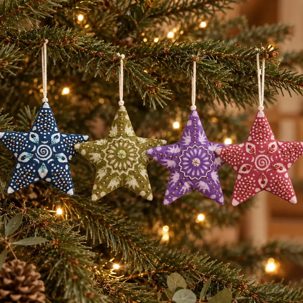 Quatre étoiles de Noël en tissu, bleu, vert, violet et rouge, suspendues au sapin