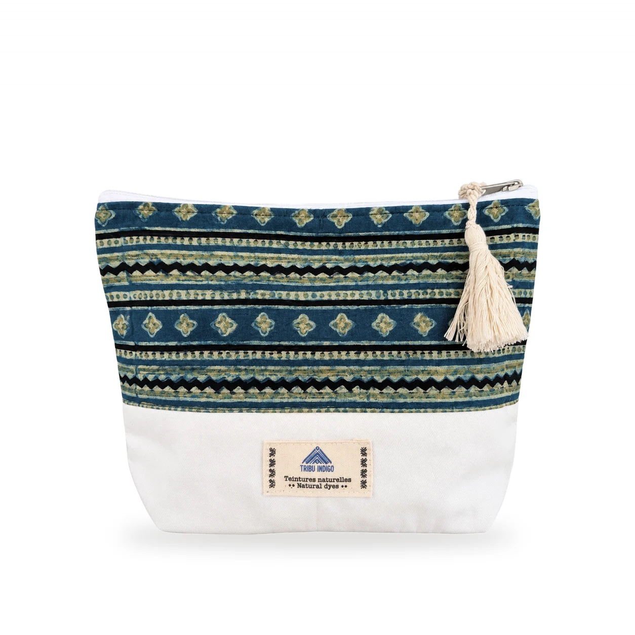 Pochette en tissu bleu et vert motif frises moyenne