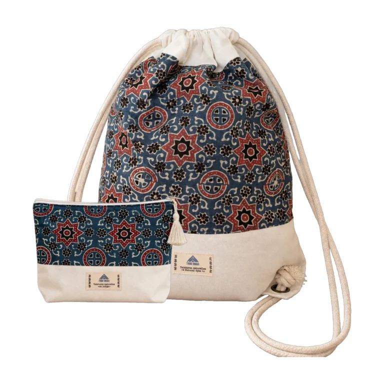 Sac à dos en tissu et pochette bleu et rouge