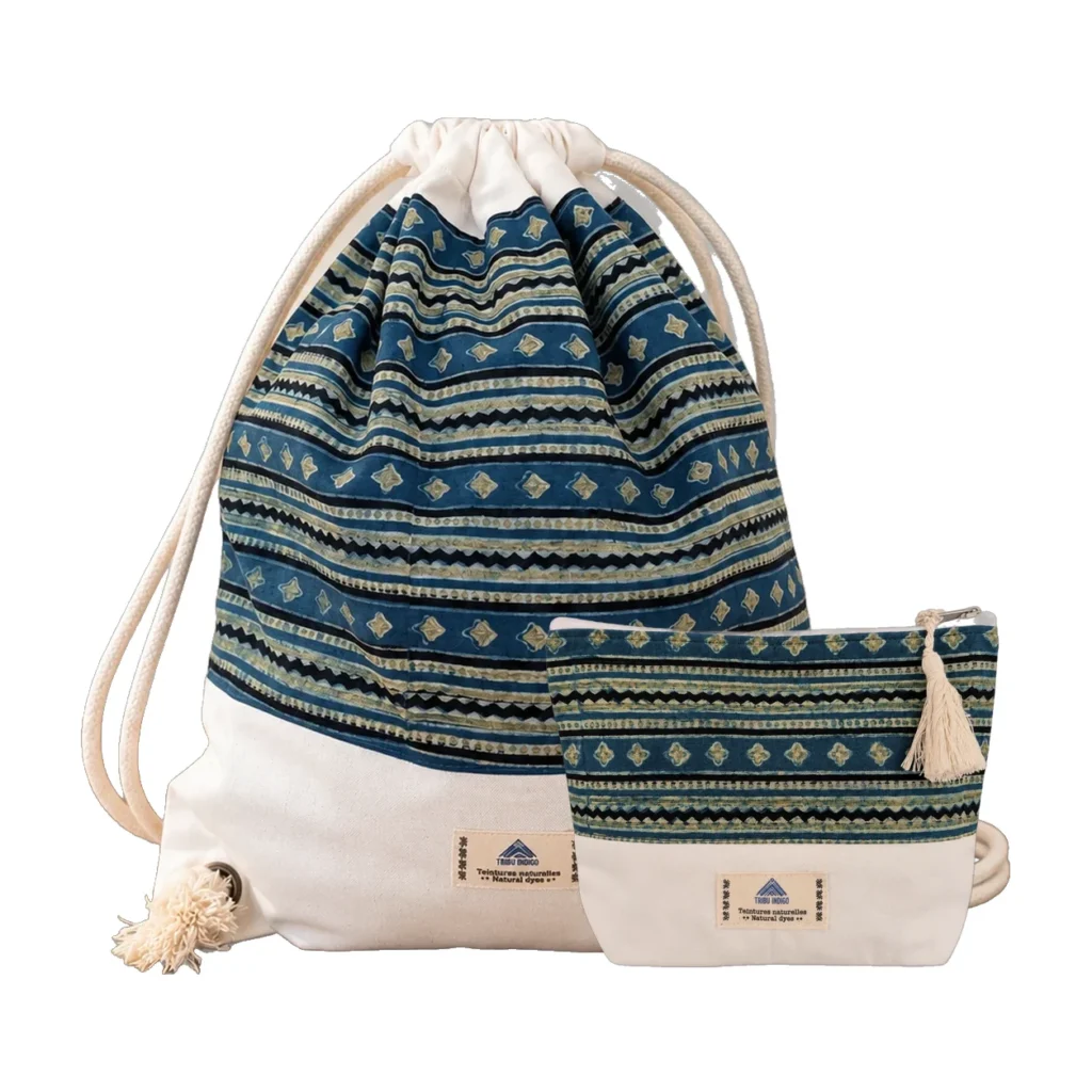Sac à dos en tissu et pochette bleu et vert