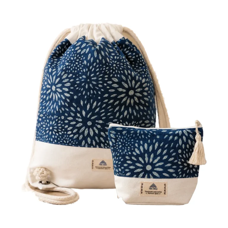 Sac à dos en tissu et pochette indigo fleurs