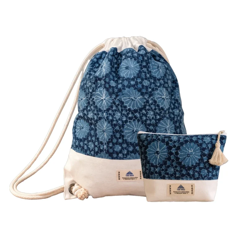 Sac à dos en tissu et pochette indigo rosaces