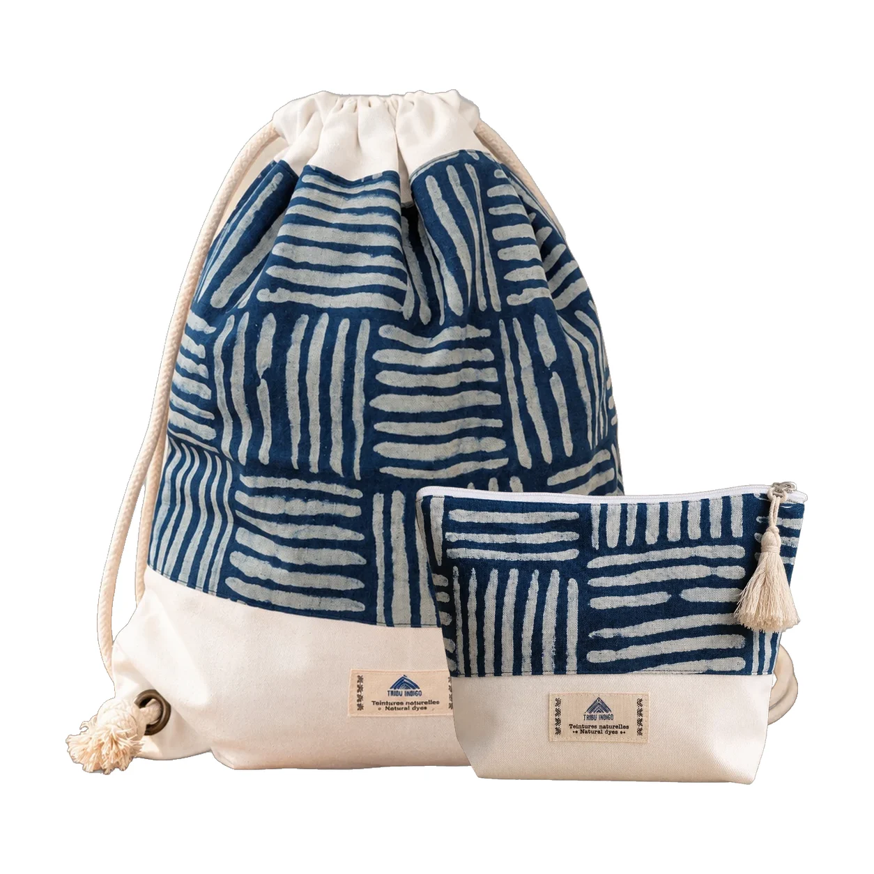 Sac à dos en tissu et pochette indigo traits