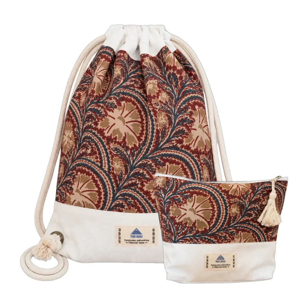 Sac à dos en tissu et pochette marron et bleu
