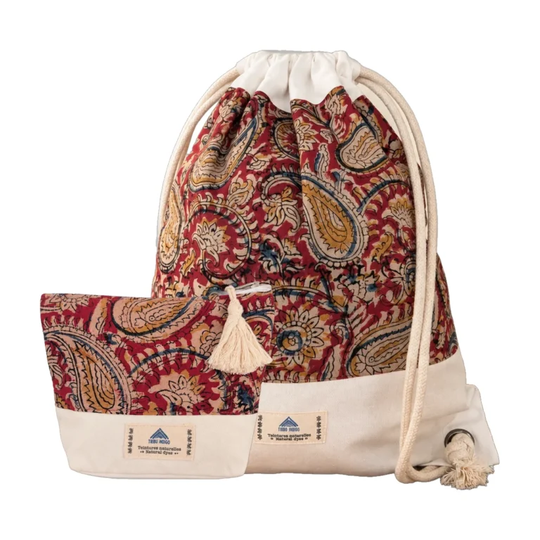 Sac à dos en tissu et pochette rouge et ocre