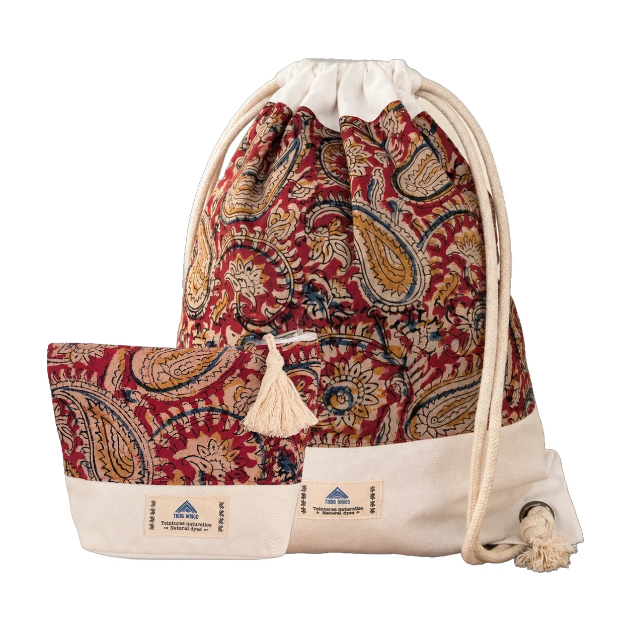 Sac à dos en tissu et pochette rouge et ocre