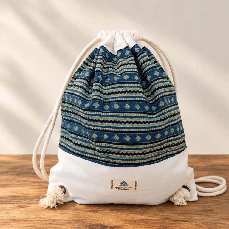 Sac à dos en toile léger bleu et vert motif frises