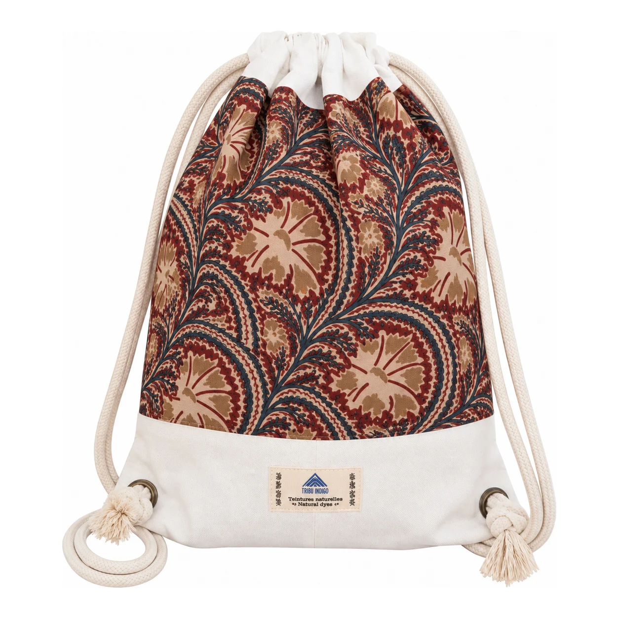 Sac à dos en toile léger marron et bleu motif arabesques