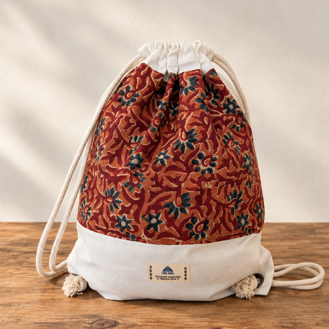 Sac à dos en toile léger rouge et bleu motif fleurs